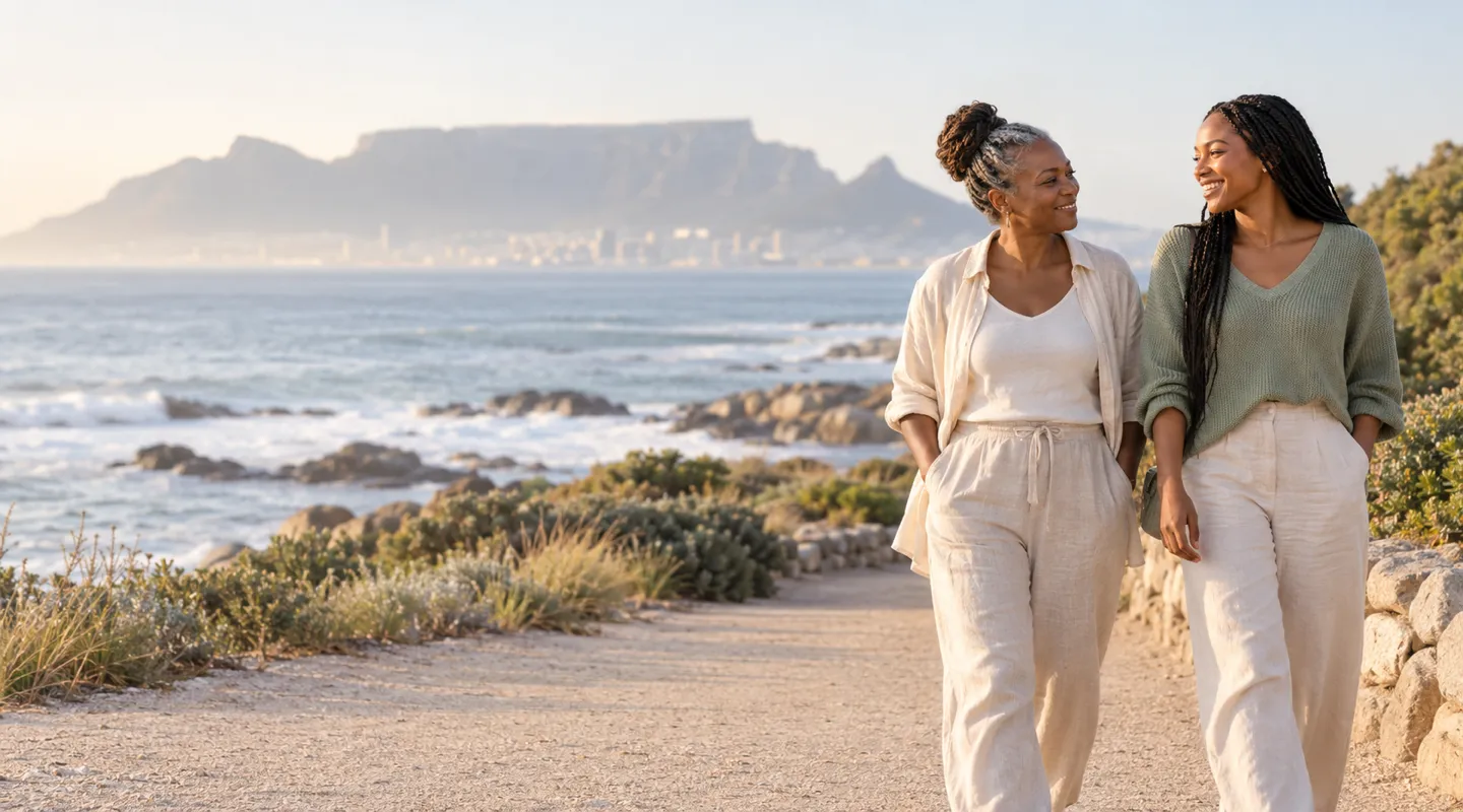 A mother and her adult daughter walking on a coastal path in Cape Town